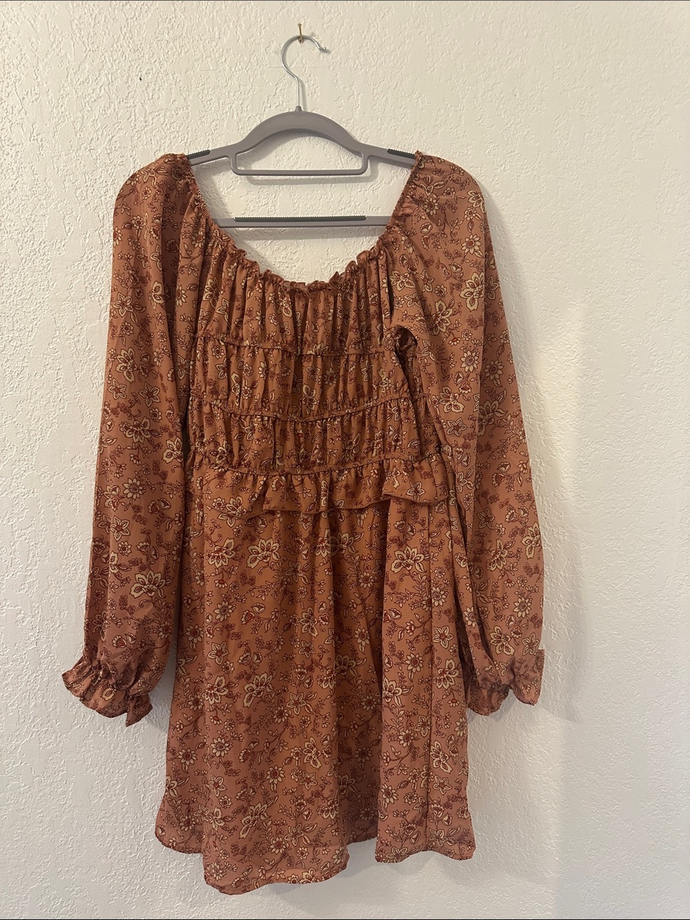 Peach Love California Rust Floral Smocked Long Sleeve Mini Dress